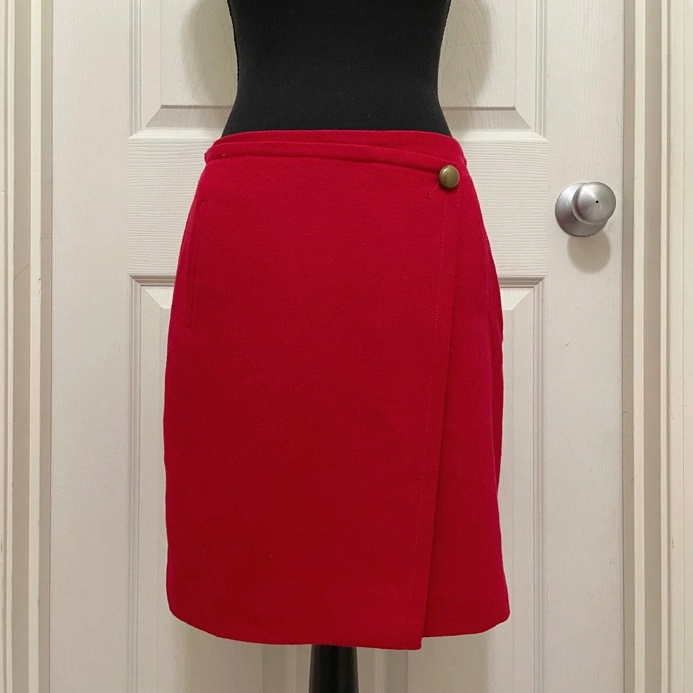 Talbots Petites Wool Blend Faux Wrap Skirt Red Above Knee Lined Office Preppy 2P